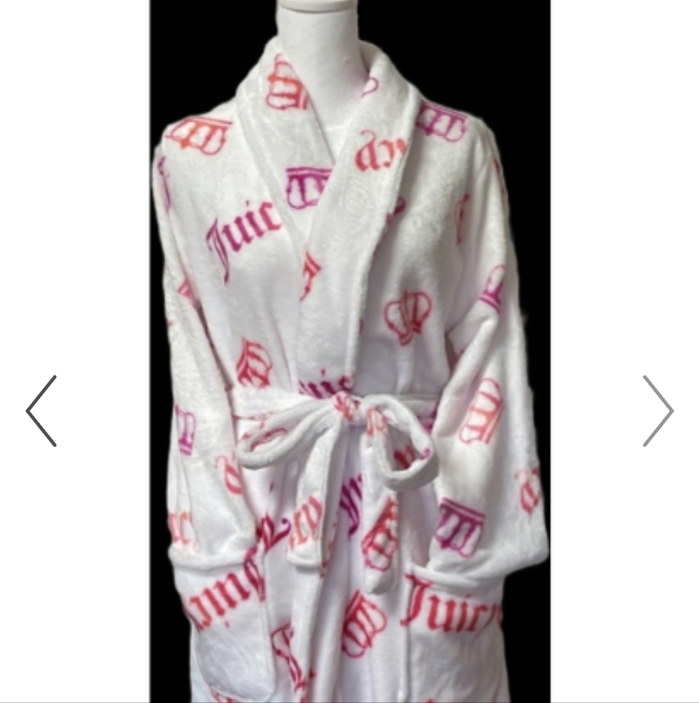 Juicy Couture Womens Bathrobe sz S/M Logo Y2K Crown White Hot Pink